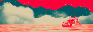 A red boat out at sea with a cloudy, starry sky and an impression of mountains behind, all put together in a collage style